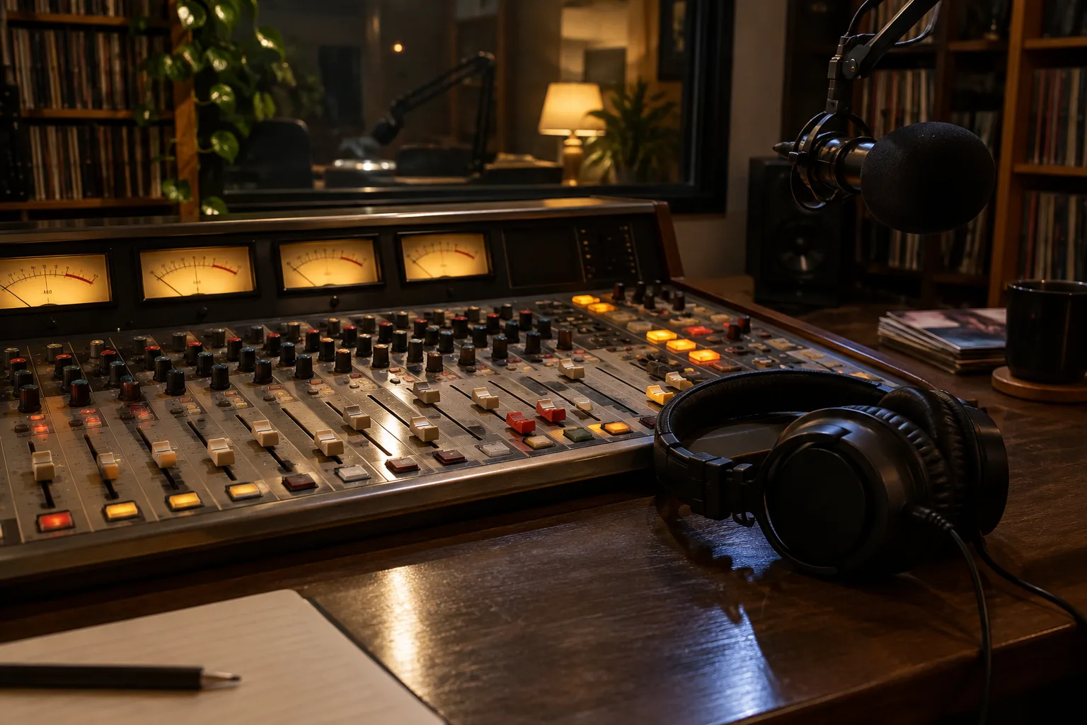 Console de radio et casque dans un studio éclairé par une lumière douce.