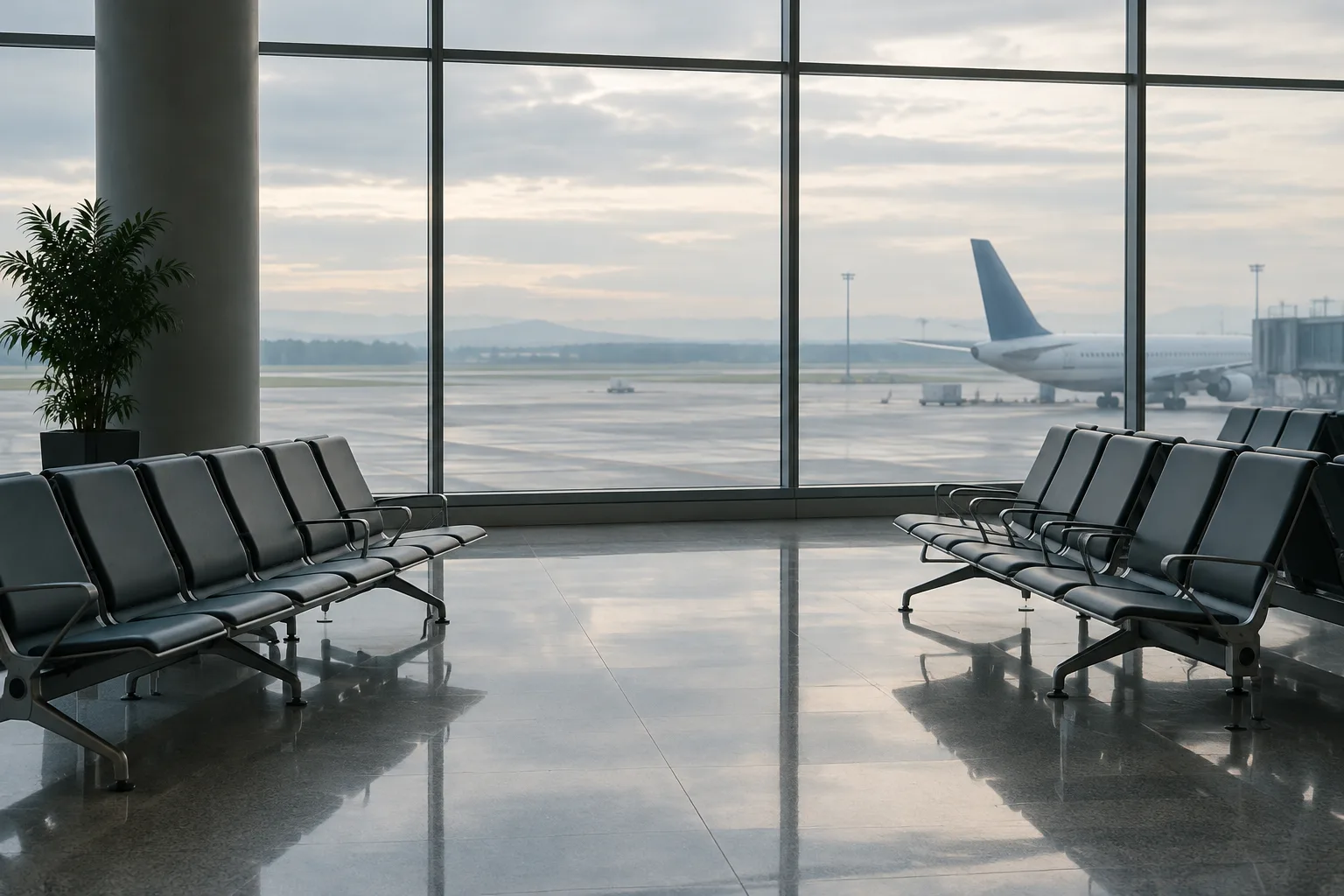 Un hall d’aéroport calme, avec des rangées de sièges près de grandes fenêtres baignées de lumière.