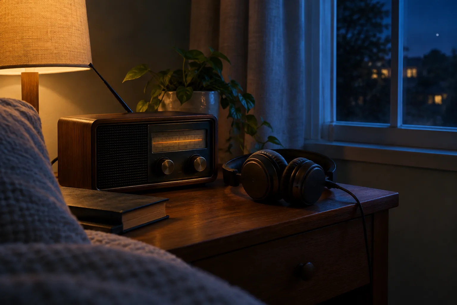 Un poste de radio et un casque posés près d’une fenêtre dans une pièce éclairée la nuit.