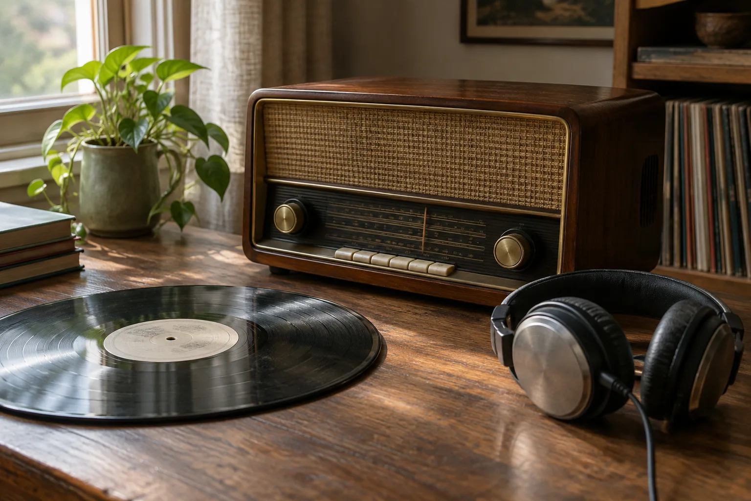 Une radio posée près d’un disque vinyle et d’un casque dans une pièce calme.