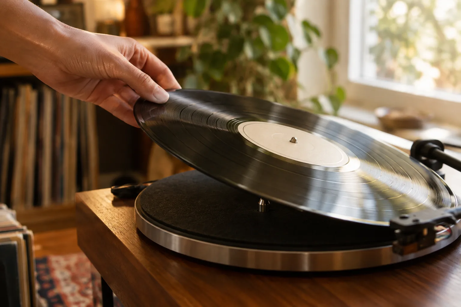 Un disque vinyle posé sur une platine, prêt à être retourné.