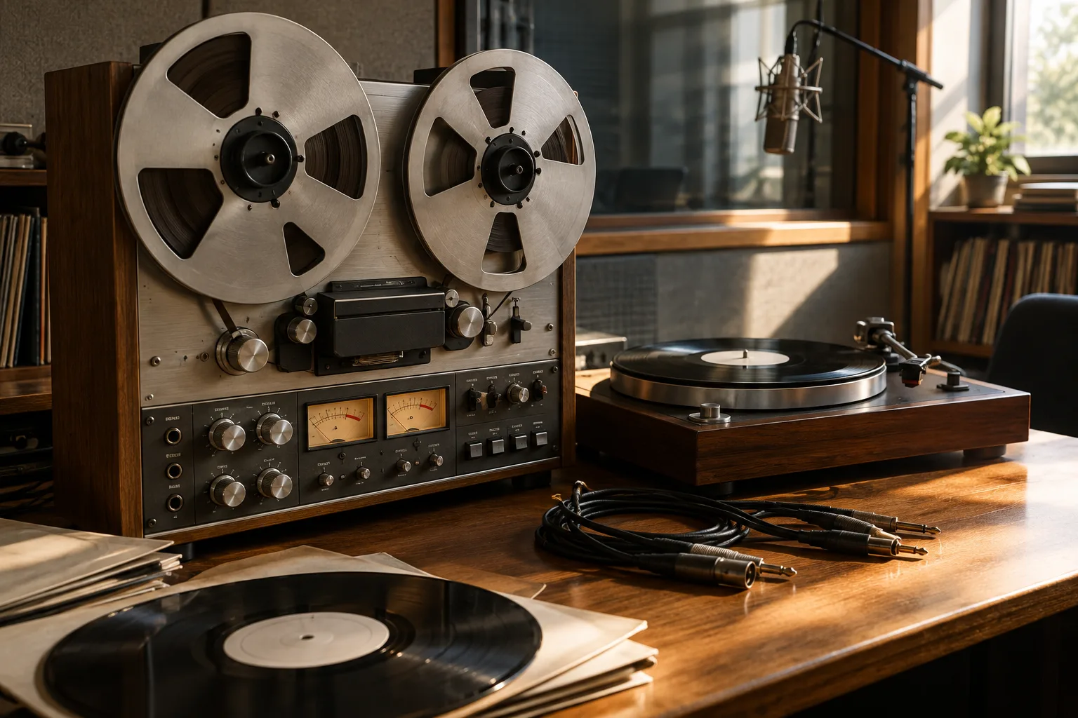 Un magnétophone à bandes et une platine installés dans un studio de radio.