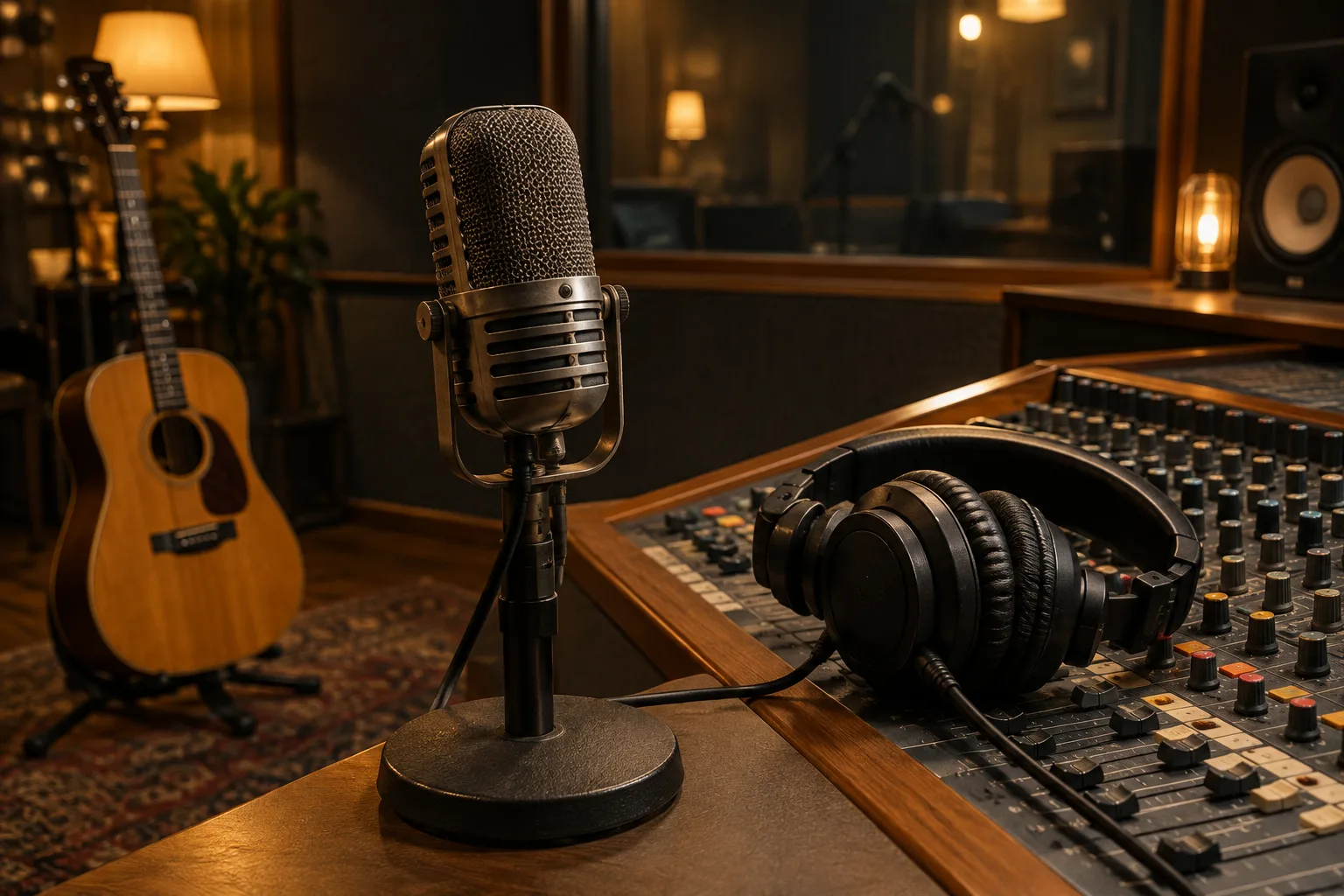 Microphone, guitare et casque dans un studio prêt pour une session musicale en direct.